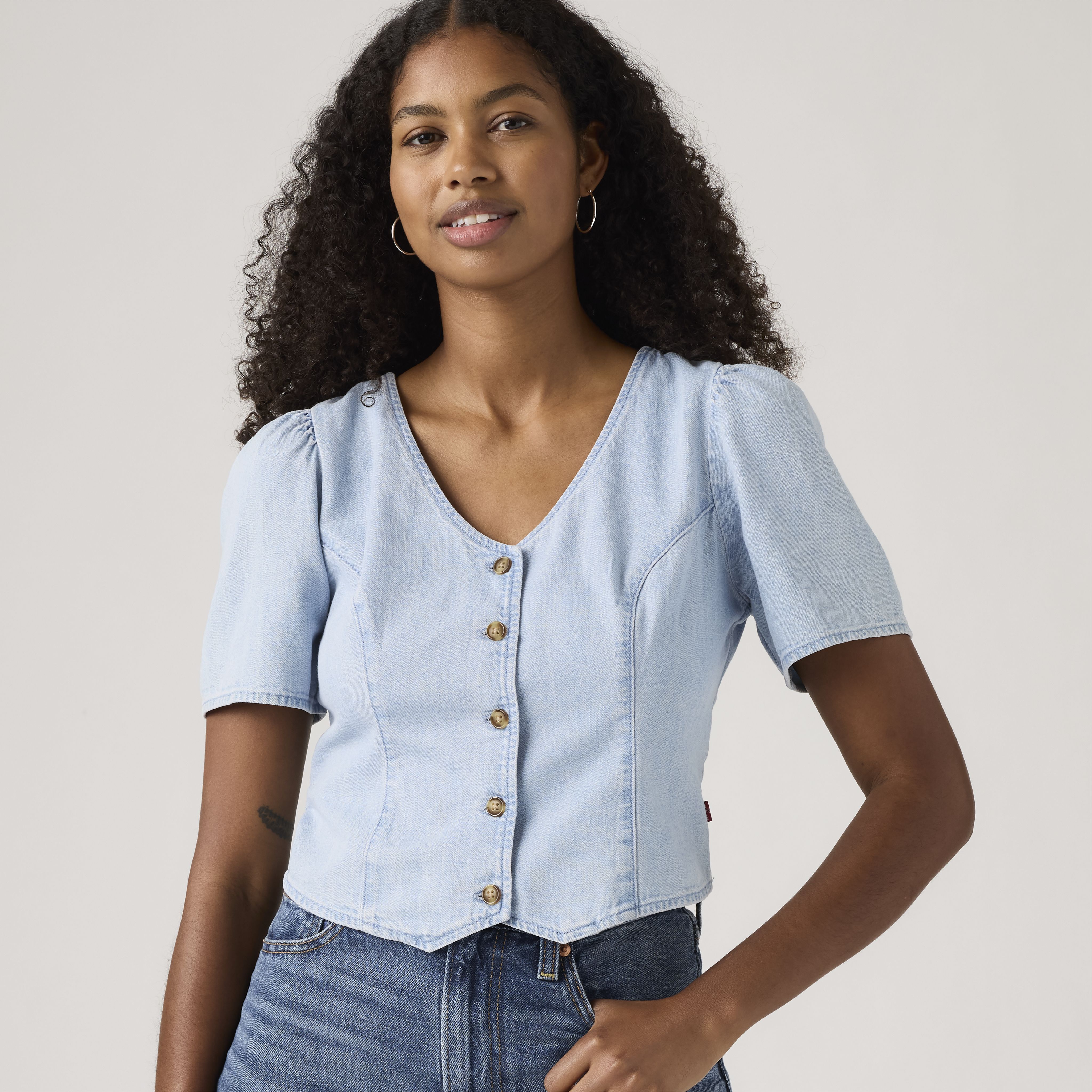 Moxie Short-Sleeve Denim Blouse 1
