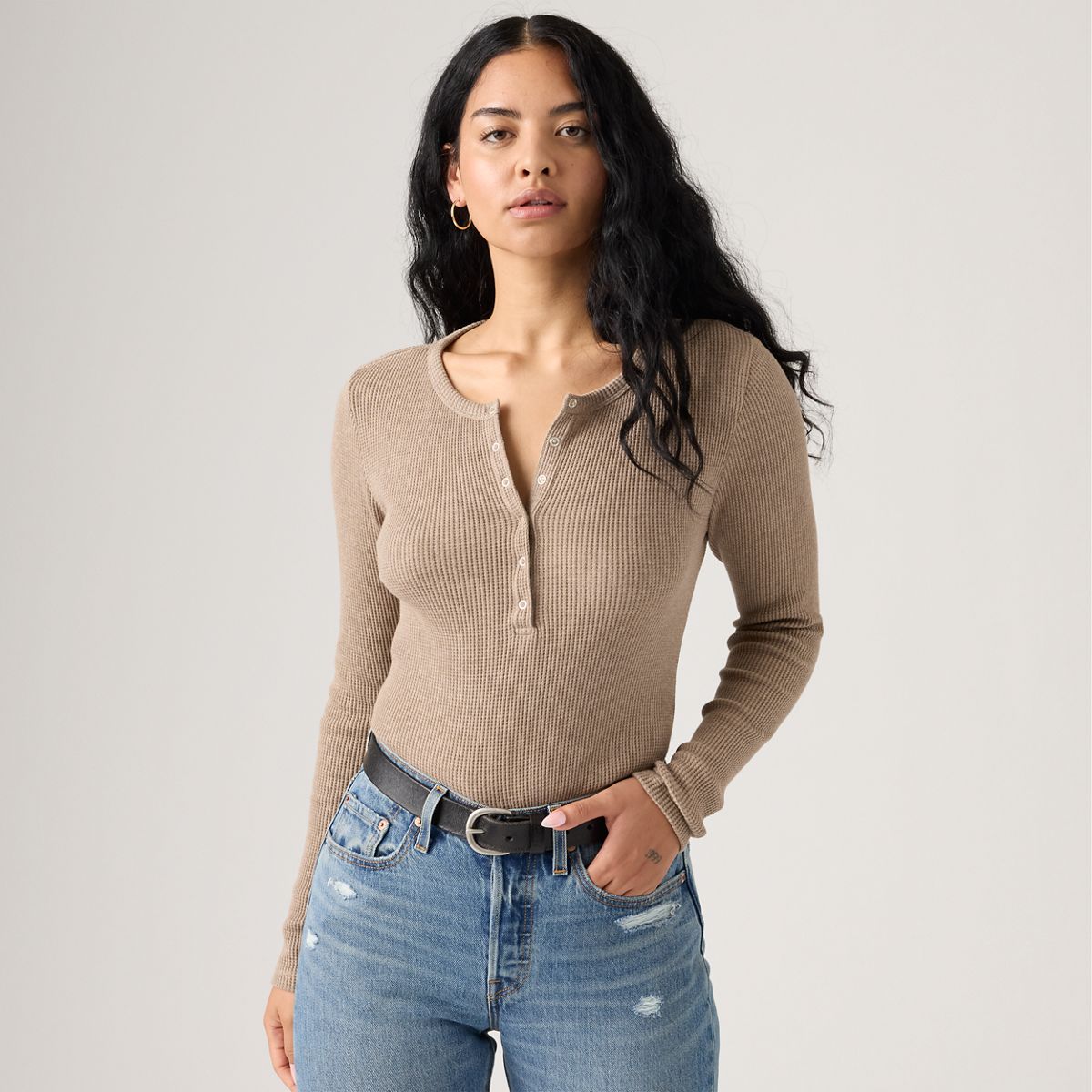 Dry Goods Waffle Henley — Taupe Grey Heather - Brown