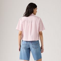 Harlie Short-Sleeve Cropped Button Down Shirt — Rachel Stripe Peachskin - Pink 3