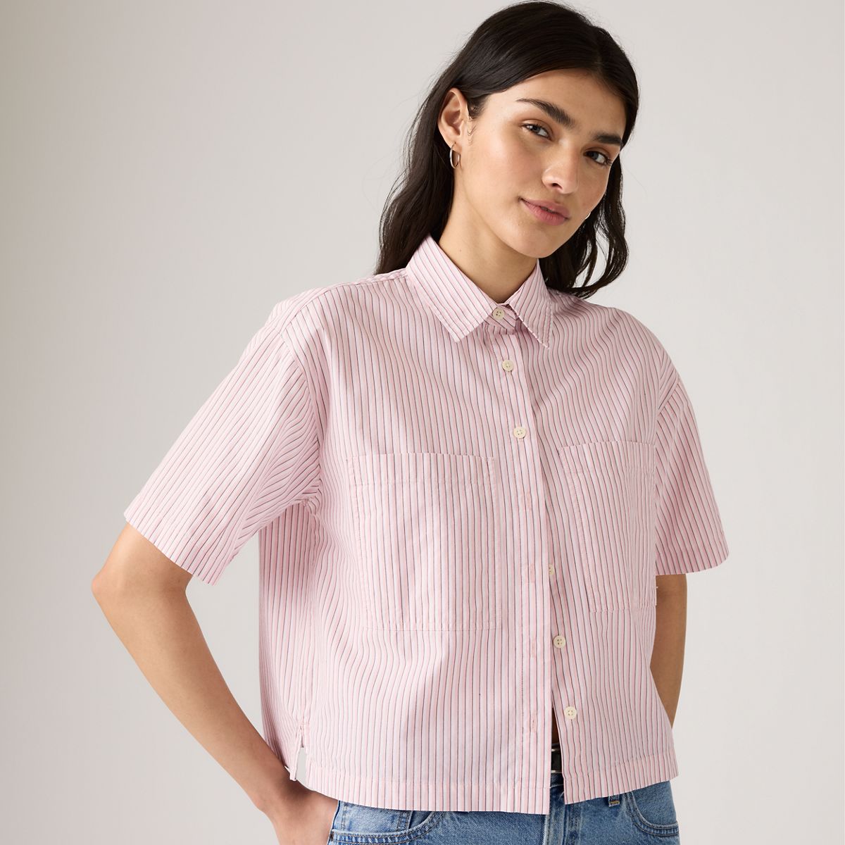 Harlie Short-Sleeve Cropped Button Down Shirt — Rachel Stripe Peachskin - Pink