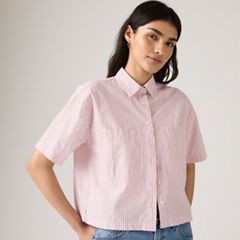 Harlie Short-Sleeve Cropped Button Down Shirt — Rachel Stripe Peachskin - Pink 4