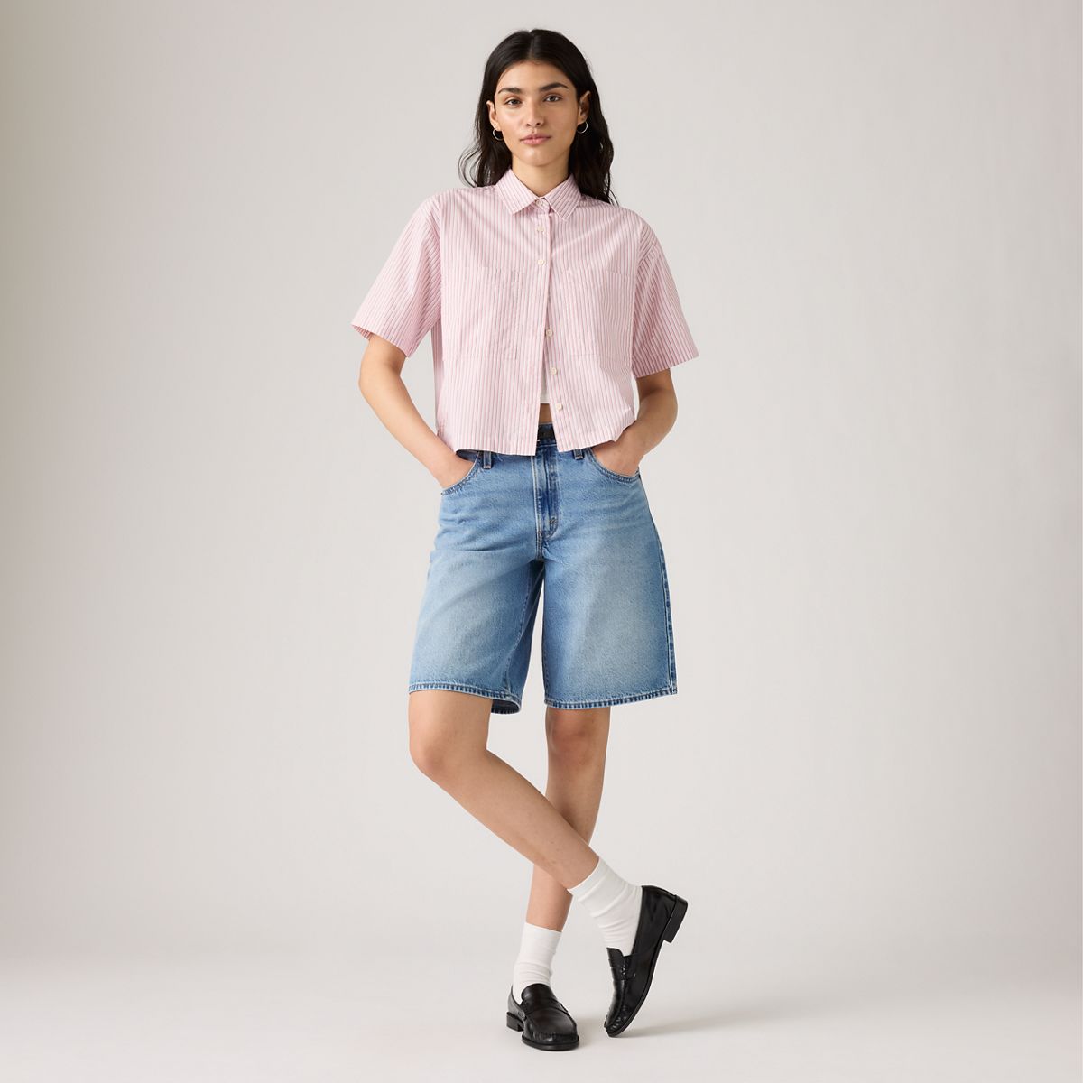 Harlie Short-Sleeve Cropped Button Down Shirt — Rachel Stripe Peachskin - Pink