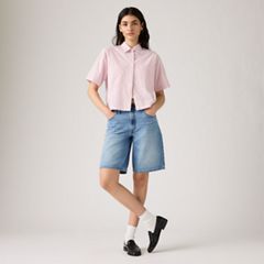 Harlie Short-Sleeve Cropped Button Down Shirt — Rachel Stripe Peachskin - Pink 1