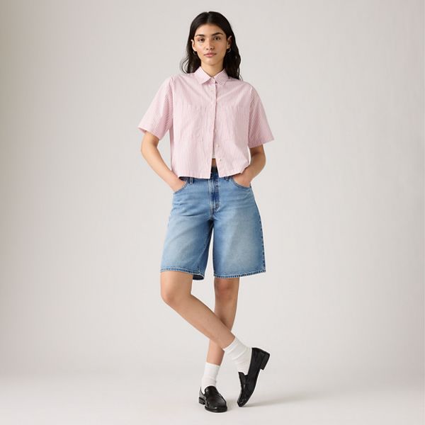 Harlie Short-Sleeve Cropped Button Down Shirt — Rachel Stripe Peachskin - Pink