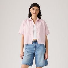 Harlie Short-Sleeve Cropped Button Down Shirt — Rachel Stripe Peachskin - Pink 2