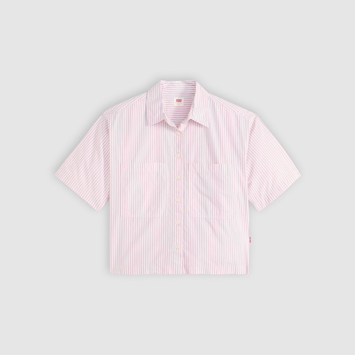 Harlie Short-Sleeve Cropped Button Down Shirt — Rachel Stripe Peachskin - Pink