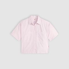 Harlie Short-Sleeve Cropped Button Down Shirt — Rachel Stripe Peachskin - Pink 5