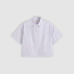 Harlie Short-Sleeve Cropped Button Down Shirt — Costanza Stripe Wisteria - Multi-Color 5