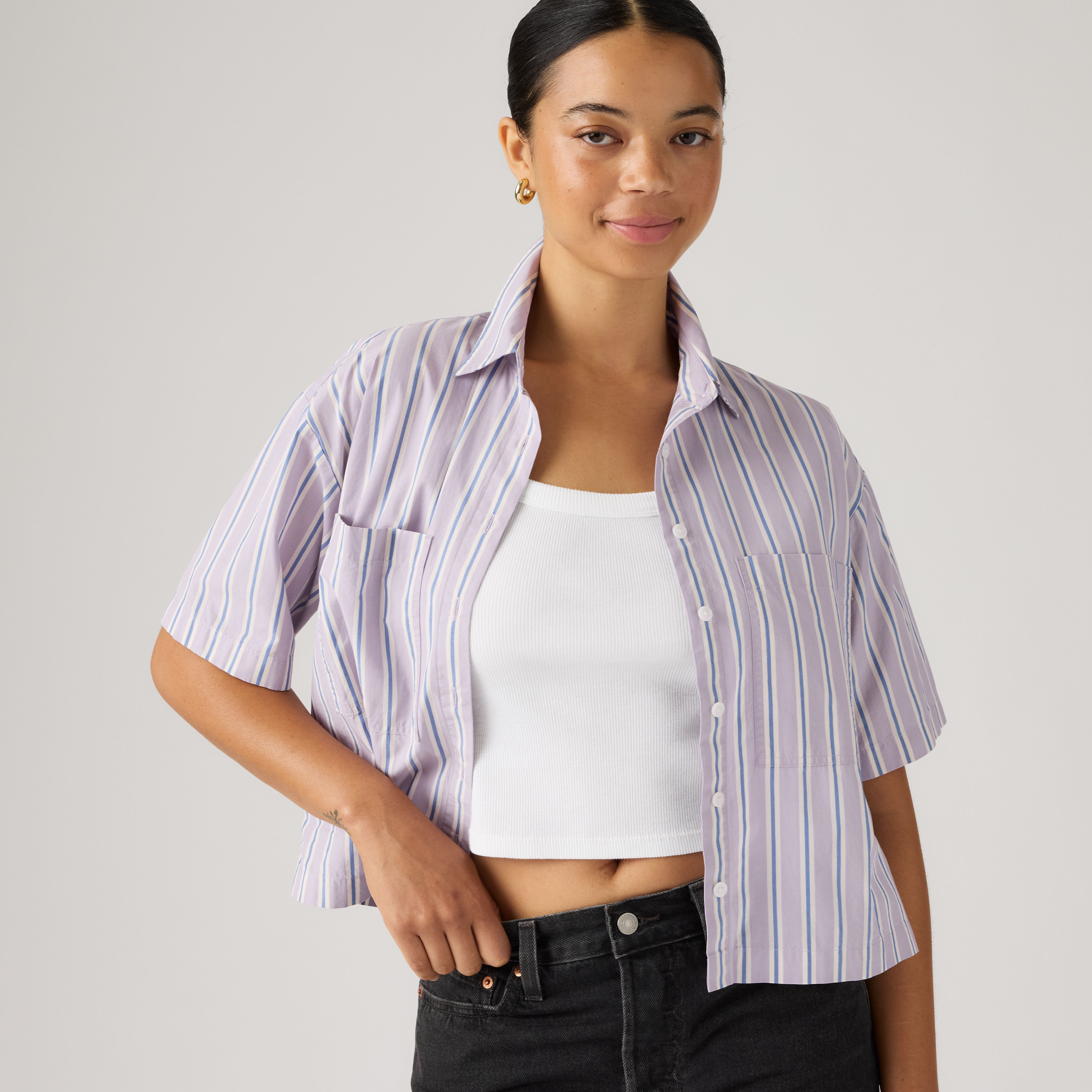 Harlie Short-Sleeve Cropped Button Down Shirt 1