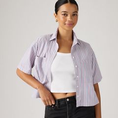 Harlie Short-Sleeve Cropped Button Down Shirt — Costanza Stripe Wisteria - Multi-Color 1