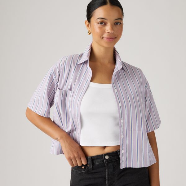 Harlie Short-Sleeve Cropped Button Down Shirt — Costanza Stripe Wisteria - Multi-Color