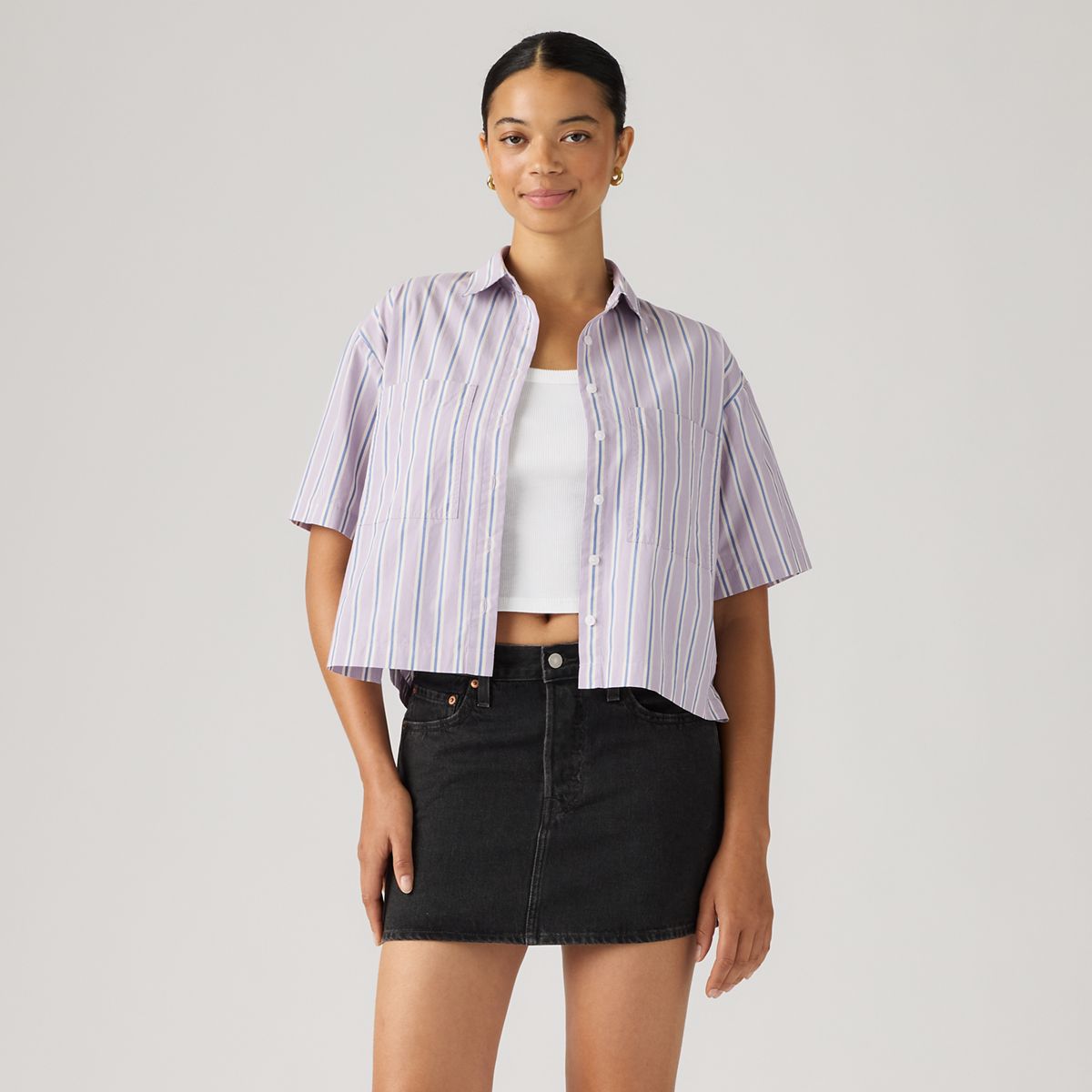 Harlie Short-Sleeve Cropped Button Down Shirt — Costanza Stripe Wisteria - Multi-Color