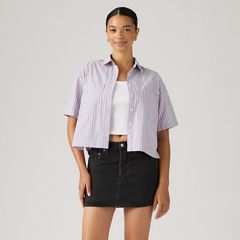 Harlie Short-Sleeve Cropped Button Down Shirt — Costanza Stripe Wisteria - Multi-Color 3