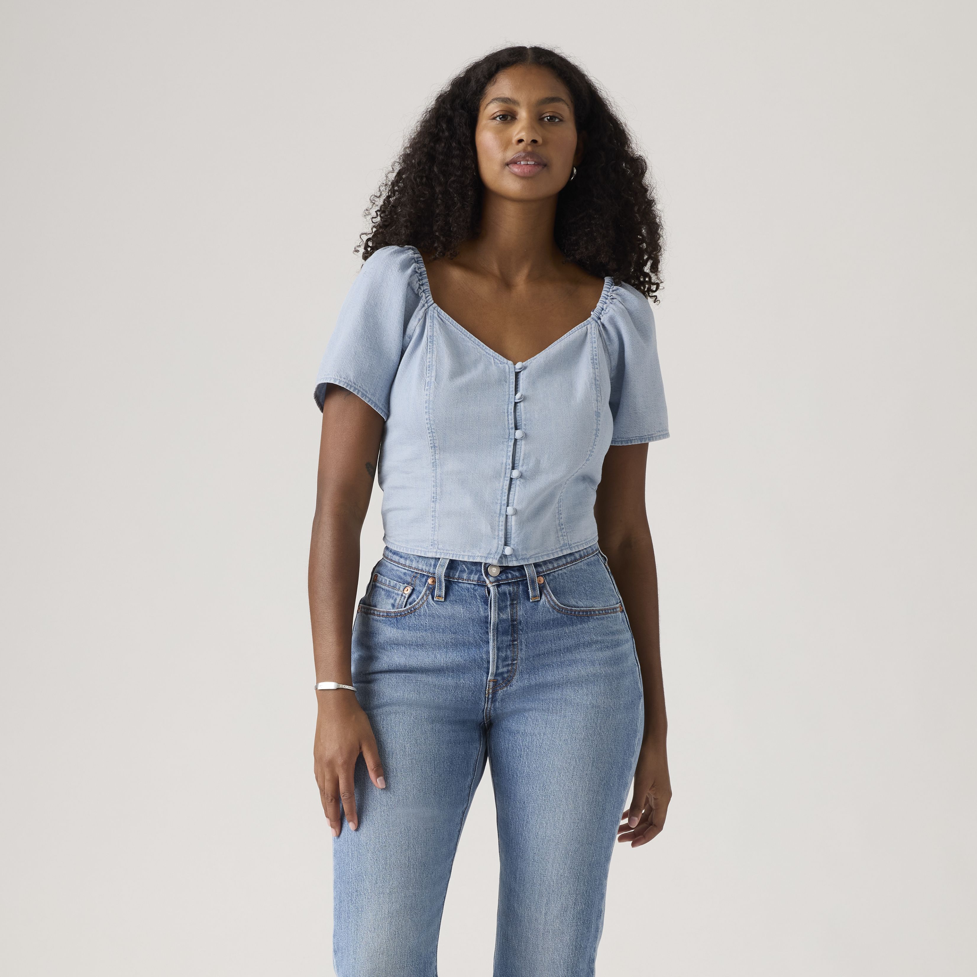 Kierra Short-Sleeve Denim Blouse 8