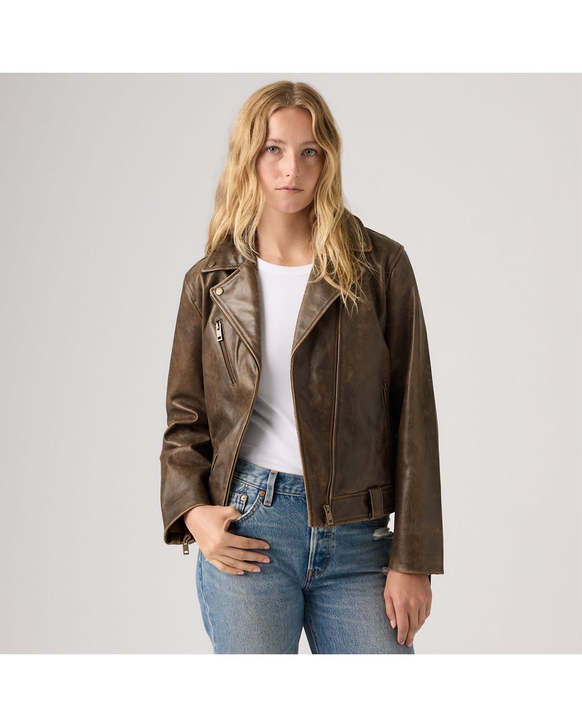 Levi's genuine brown sheep-leather moto jacket, classic zip, front view
