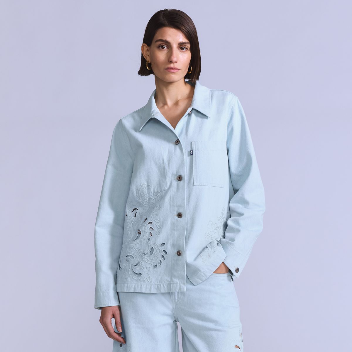 Women's Embroidered Bandit Trucker Jacket — Soft Wash Trucker - Light Wash