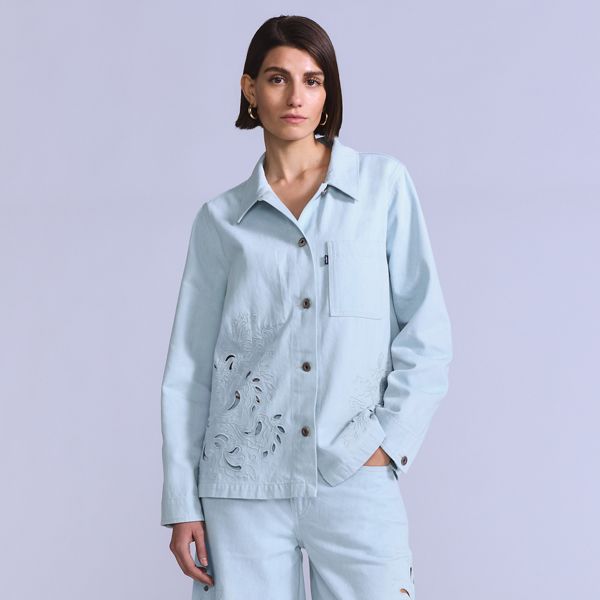 Women's Embroidered Bandit Trucker Jacket — Soft Wash Trucker - Light Wash