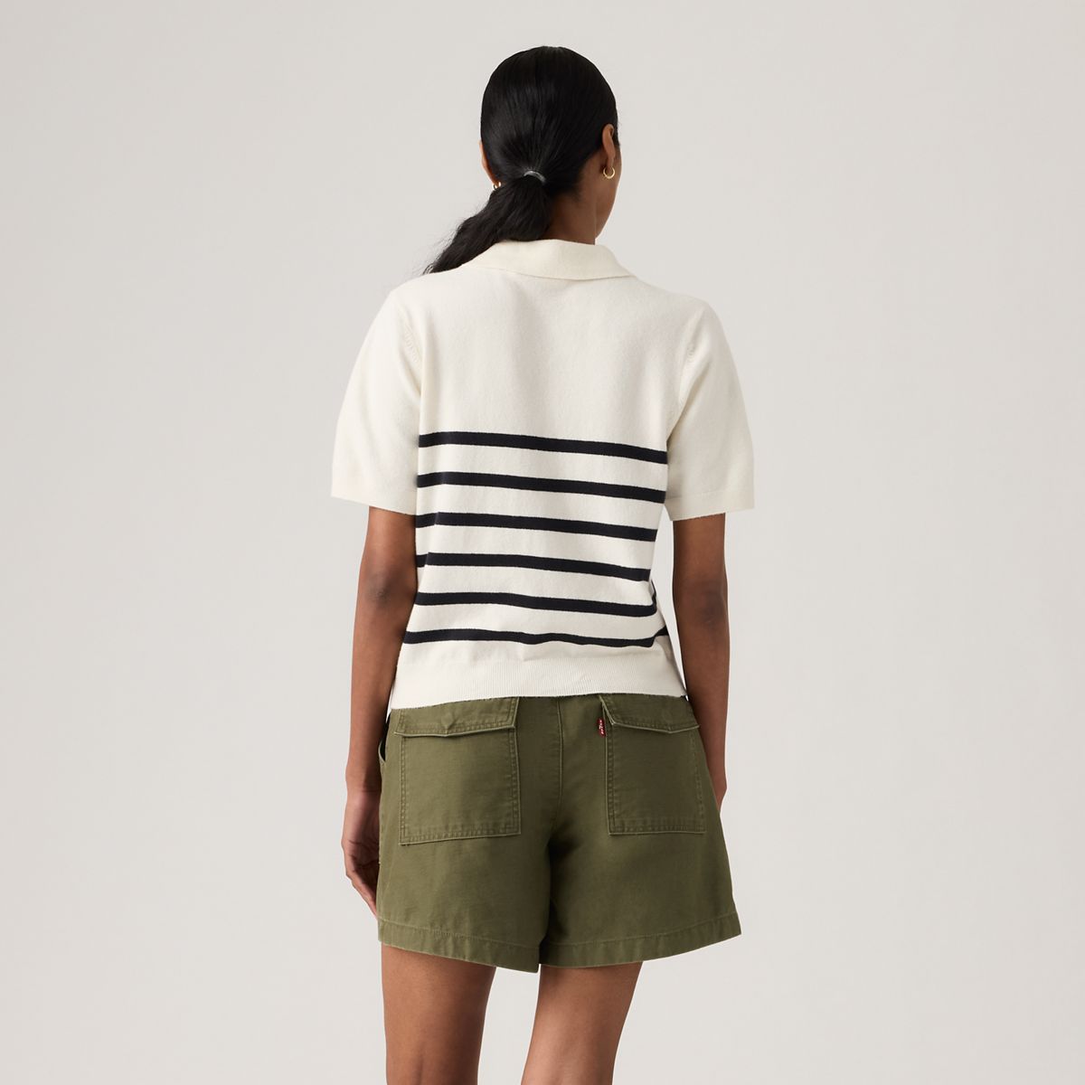 Super Soft Polo Sweater — Isabella Stripes Tofu + Anthracite - White