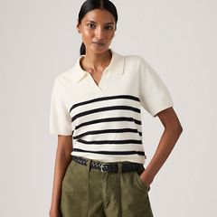 Super Soft Polo Sweater — Isabella Stripes Tofu + Anthracite - White 1