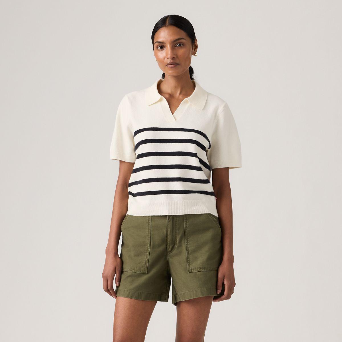 Super Soft Polo Sweater — Isabella Stripes Tofu + Anthracite - White