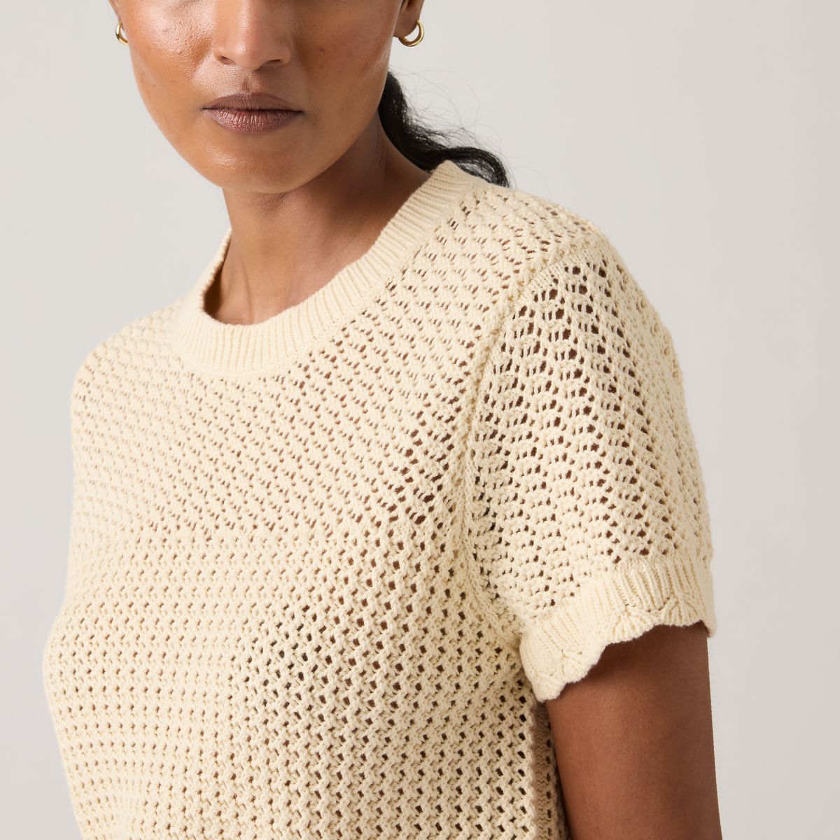 Isabelle Crochet Short Sleeve Sweater — Seedpearl - White