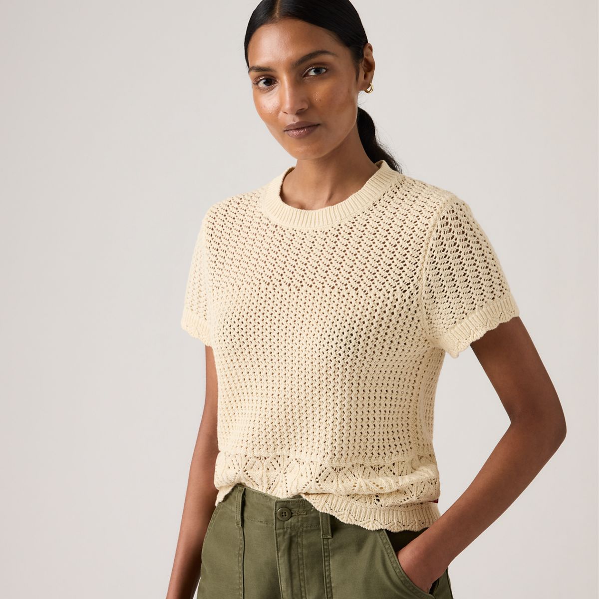 Isabelle Crochet Short Sleeve Sweater — Seedpearl - White