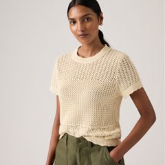 Isabelle Crochet Short Sleeve Sweater — Seedpearl - White 1