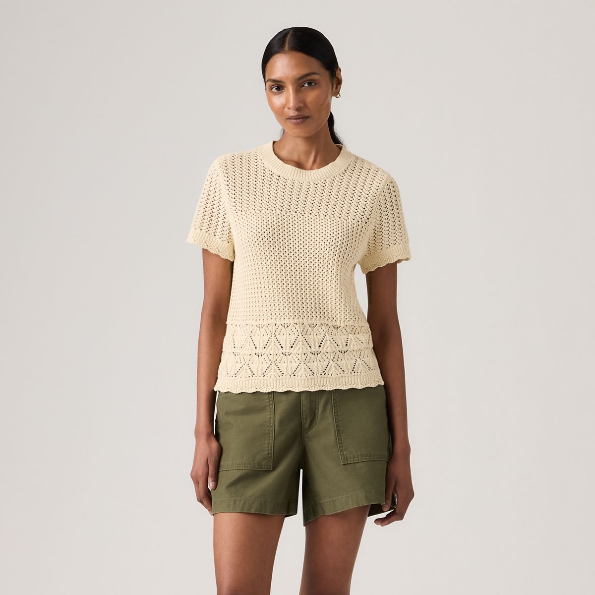 Isabelle Crochet Short Sleeve Sweater — Seedpearl - White
