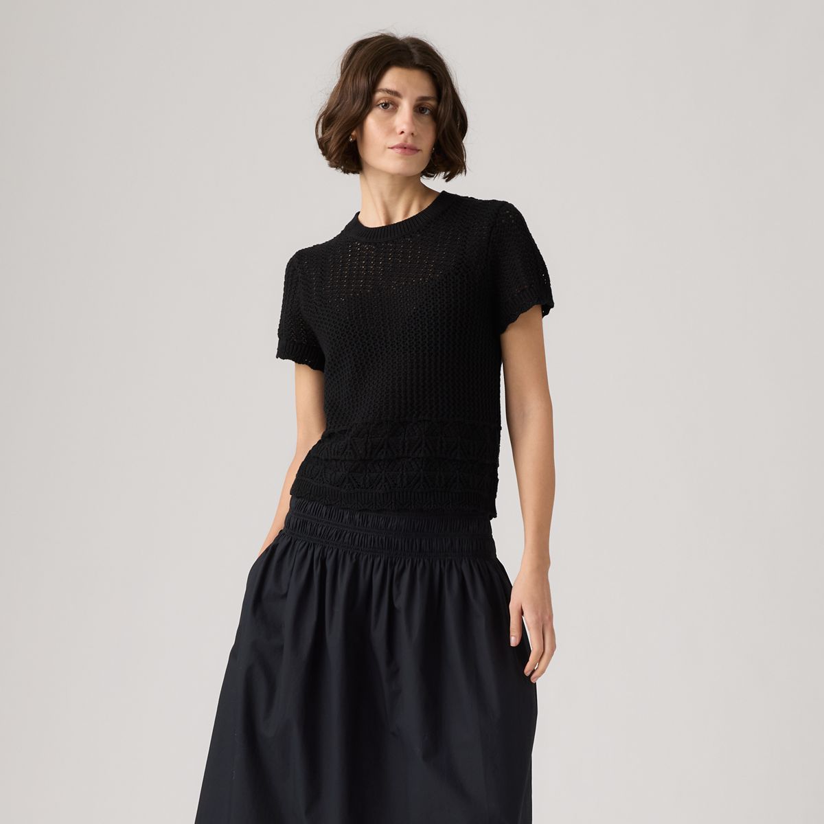 Isabelle Crochet Short Sleeve Sweater — Anthracite Night - Black