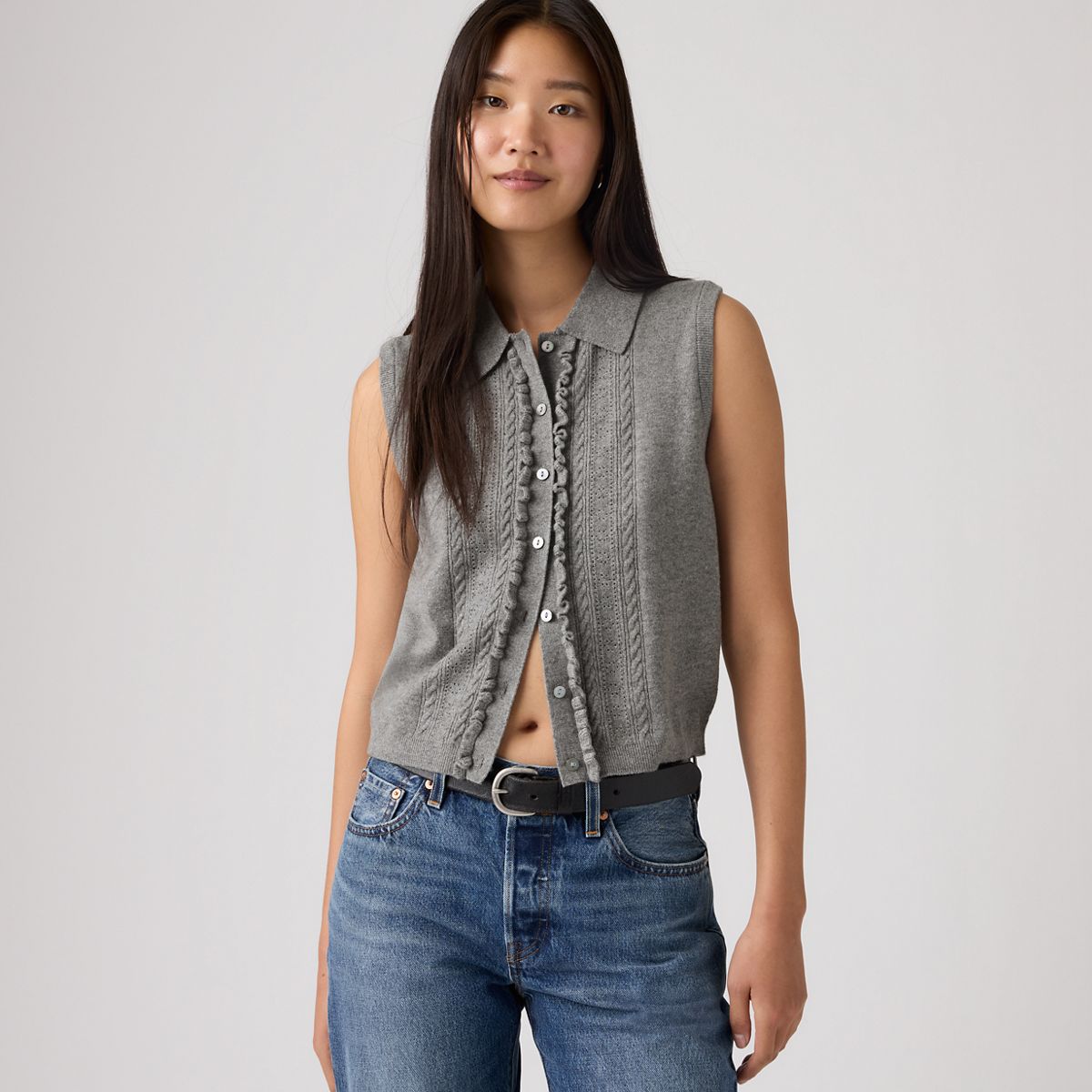Supersoft Mini Ruffle Vest Top — Dark Heather Grey - Grey