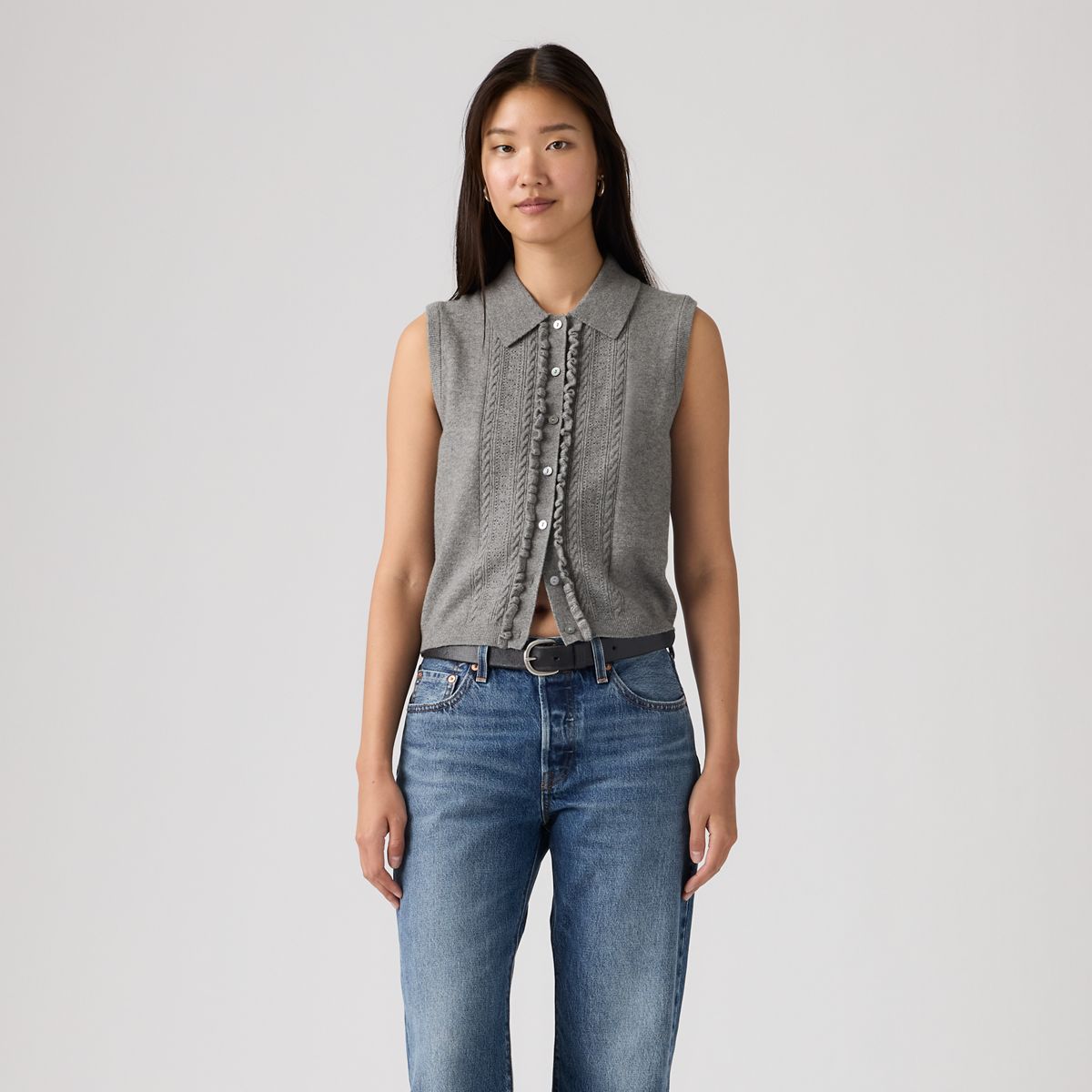 Supersoft Mini Ruffle Vest Top — Dark Heather Grey - Grey