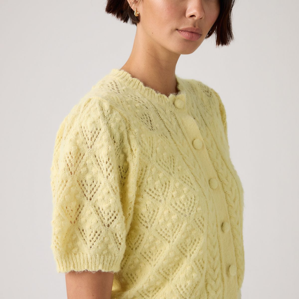Pauline Pointelle Short-Sleeve Cardigan — French Vanilla - Yellow