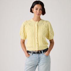 Pauline Pointelle Short-Sleeve Cardigan — French Vanilla - Yellow 1