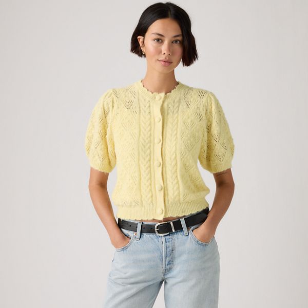 Pauline Pointelle Short-Sleeve Cardigan — French Vanilla - Yellow