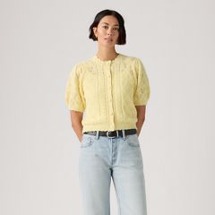Pauline Pointelle Short-Sleeve Cardigan — French Vanilla - Yellow 3