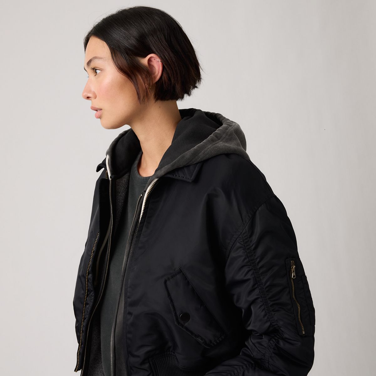 Bowie Cropped Bomber Jacket — Anthracite Night - Black