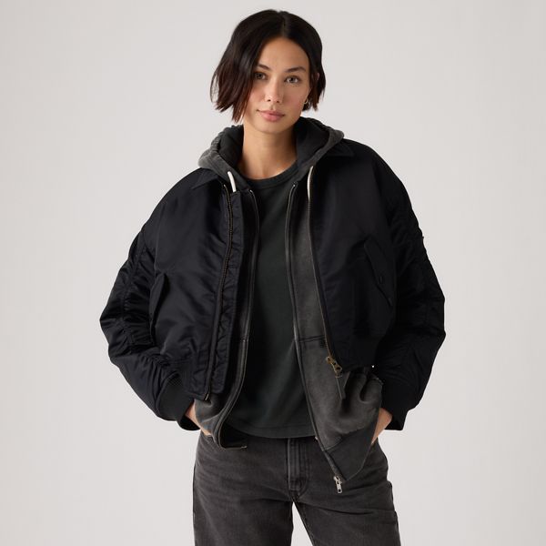 Bowie Cropped Bomber Jacket — Anthracite Night - Black