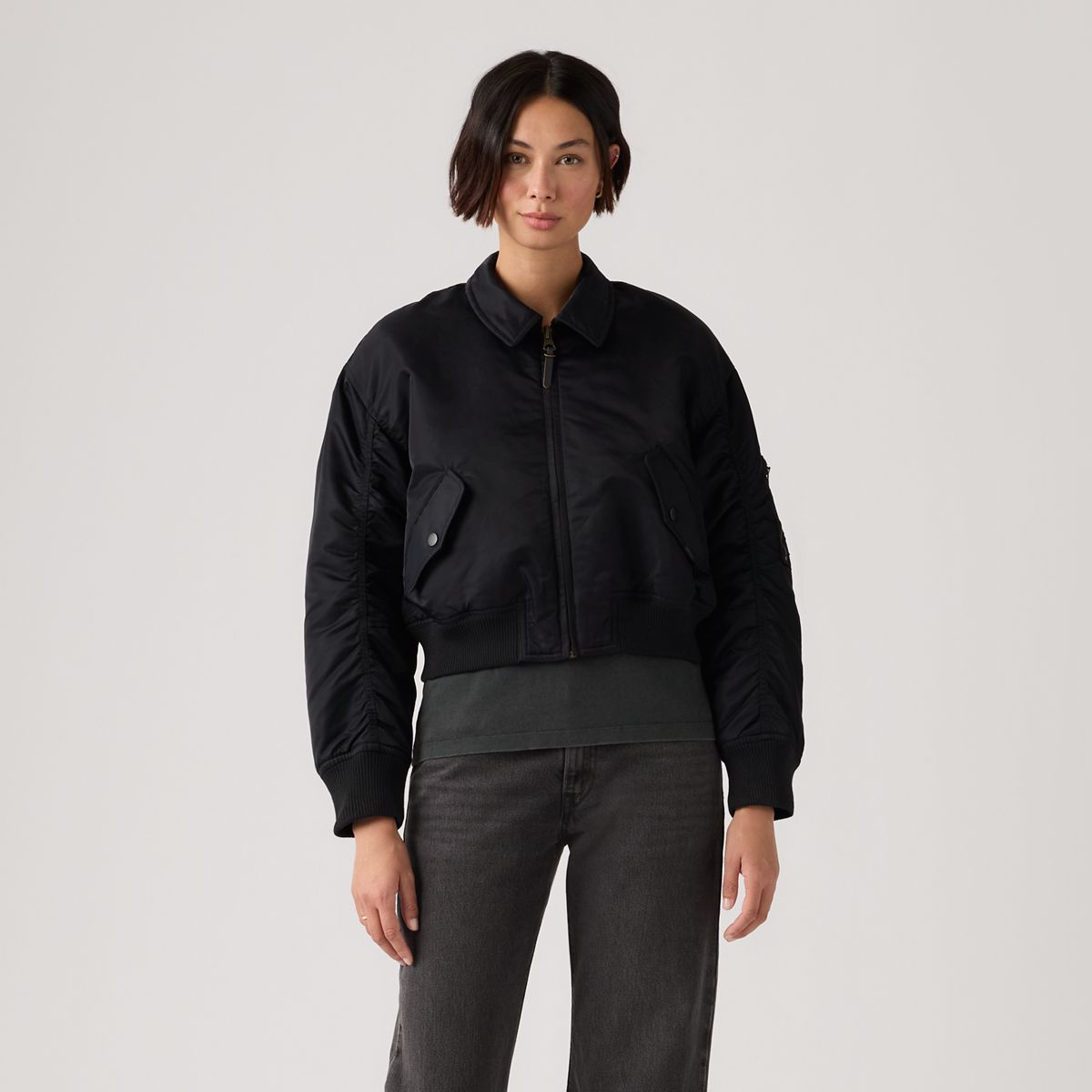 Bowie Cropped Bomber Jacket — Anthracite Night - Black