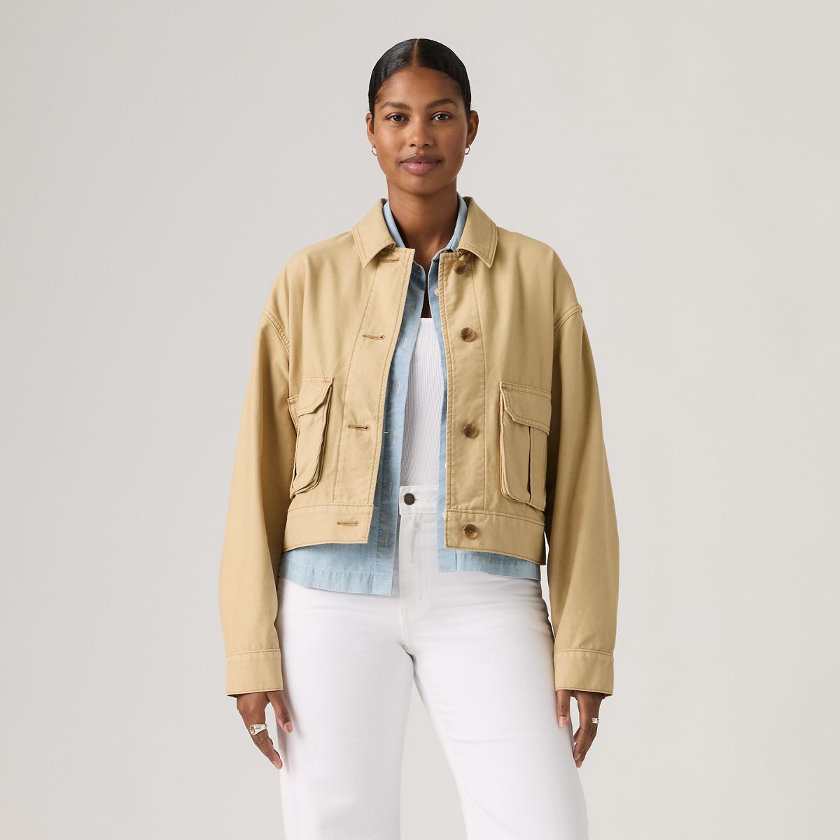 Marlowe Cropped Utility Heritage Jacket — Travertine Garment D - Tan