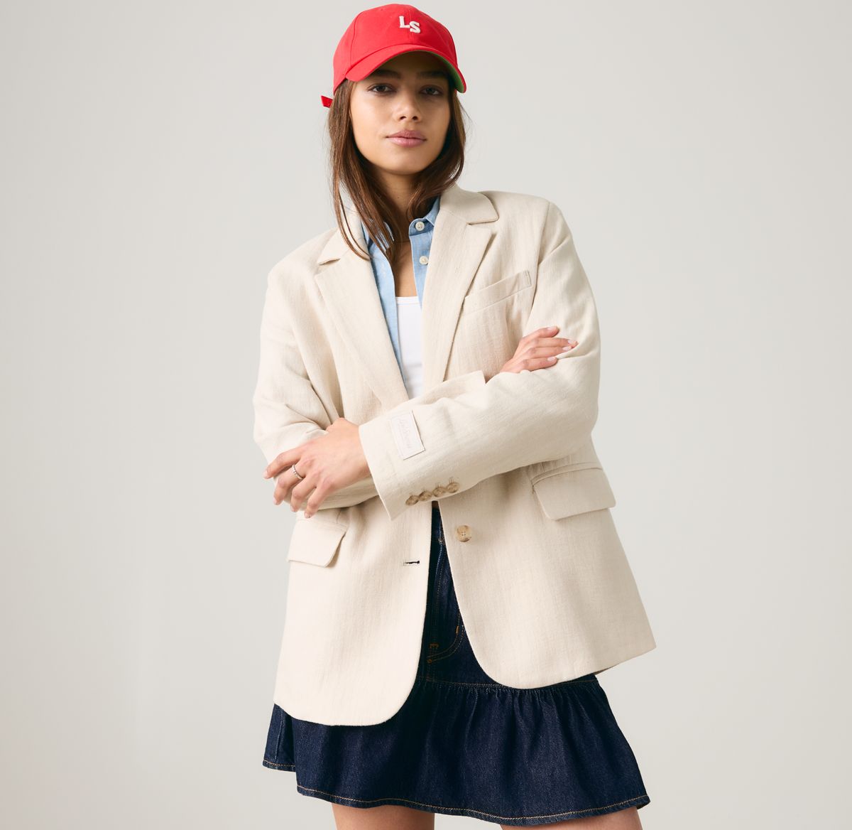 Stella Relaxed Cotton Linen Blazer — Herringbone Peyote - White