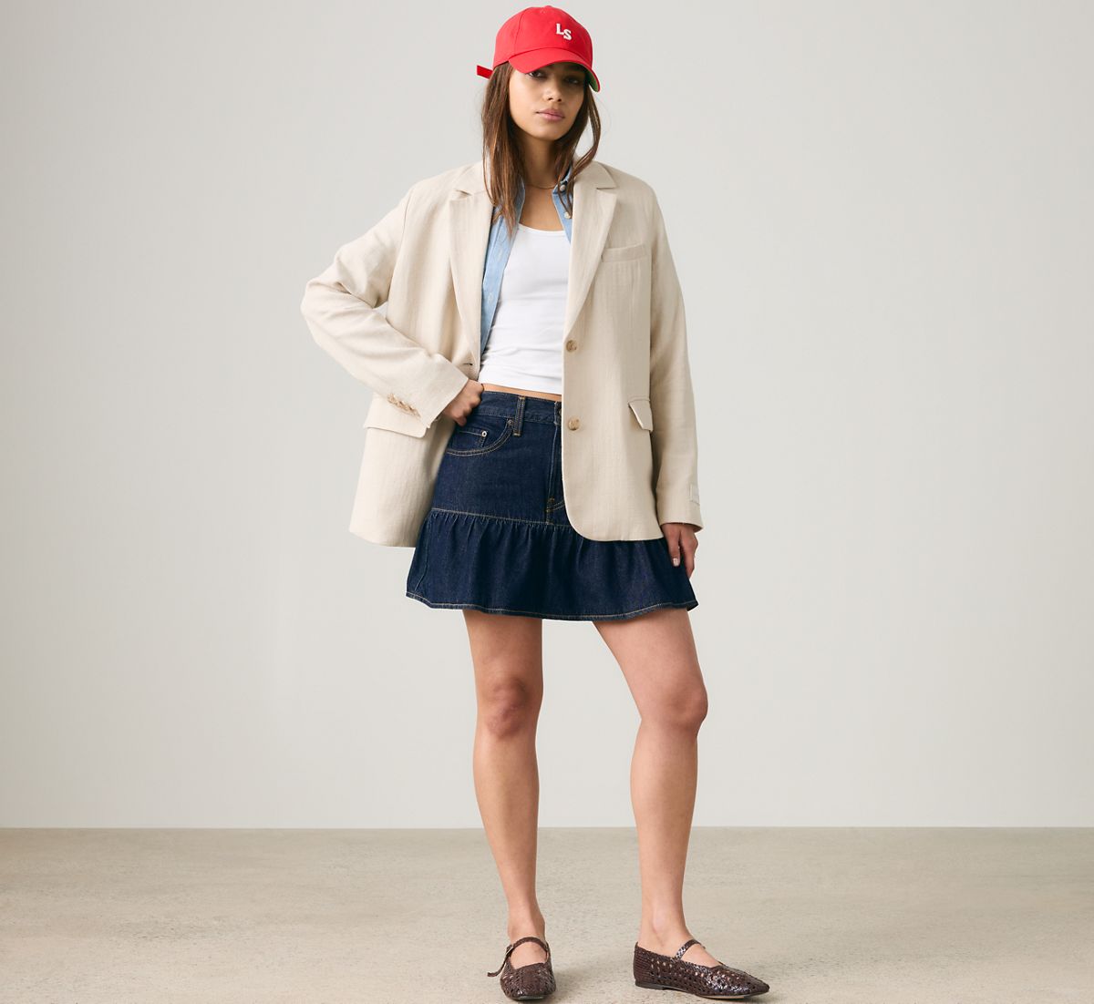 Stella Relaxed Cotton Linen Blazer — Herringbone Peyote - White