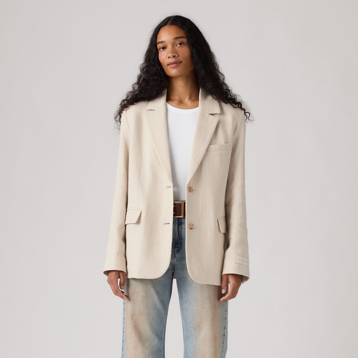 Stella Relaxed Cotton Linen Blazer — Herringbone Peyote - White