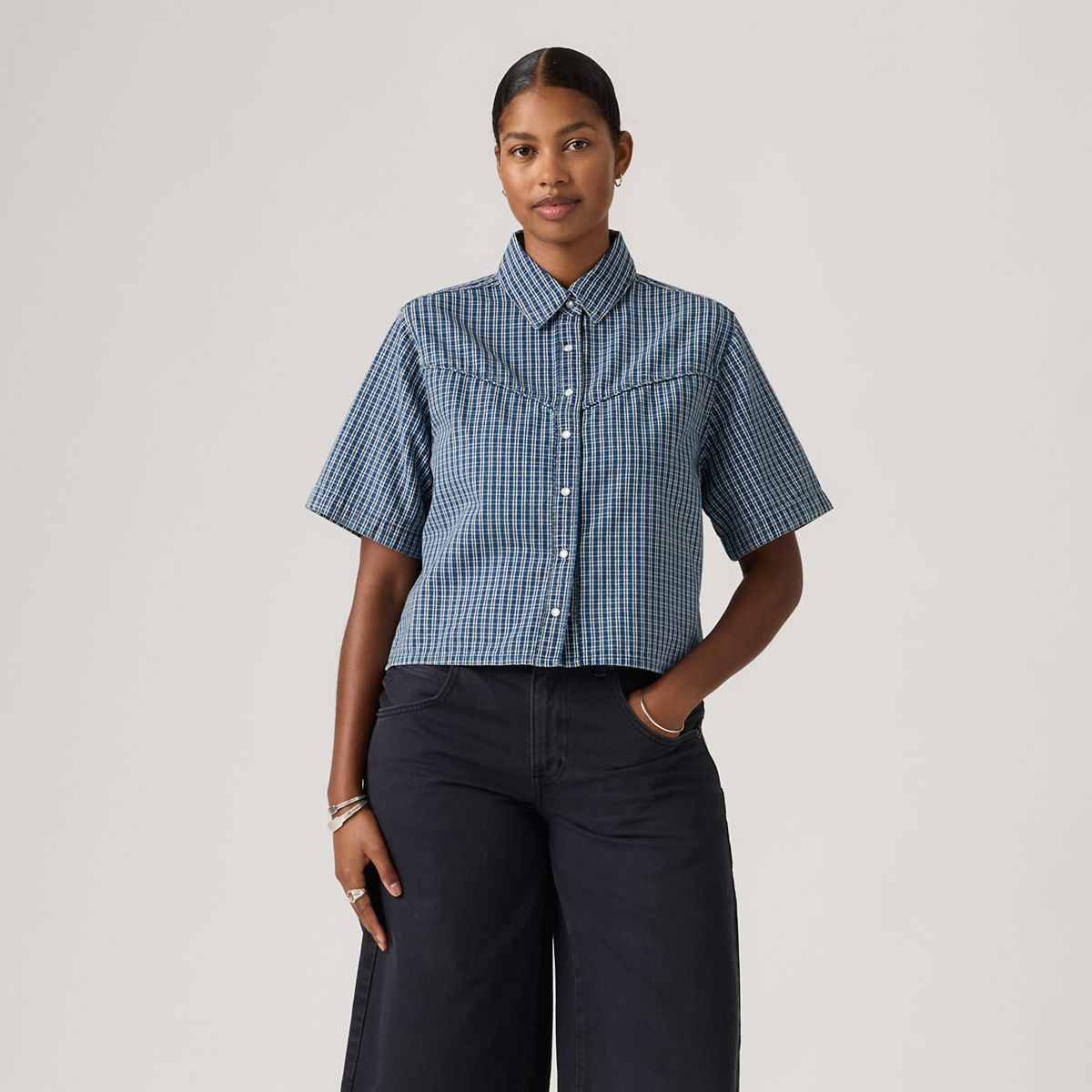 Logan Short-Sleeve Denim Shirt — Little Tiny Windows - Medium Wash