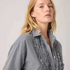 Harlie Novelty Ruffle Boyfriend Shirt — Ceicil Micro Check - Black 2