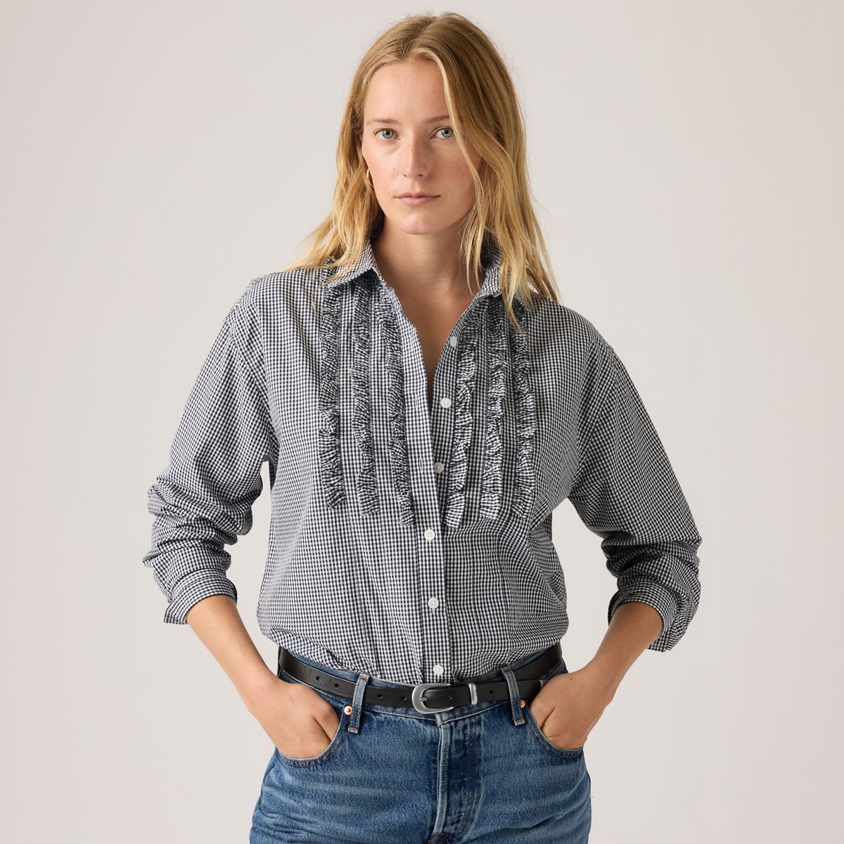 Harlie Novelty Ruffle Boyfriend Shirt — Ceicil Micro Check - Black