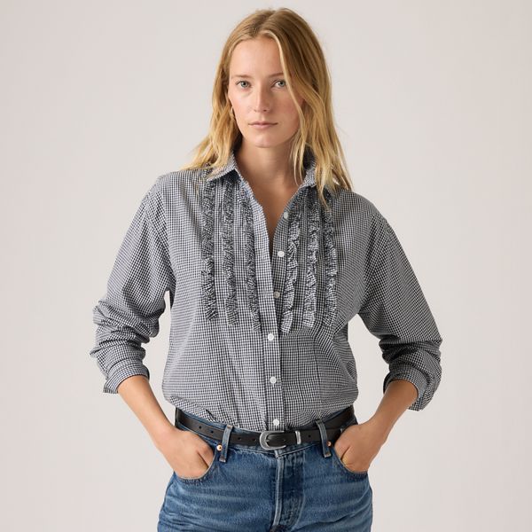 Harlie Novelty Ruffle Boyfriend Shirt — Ceicil Micro Check - Black
