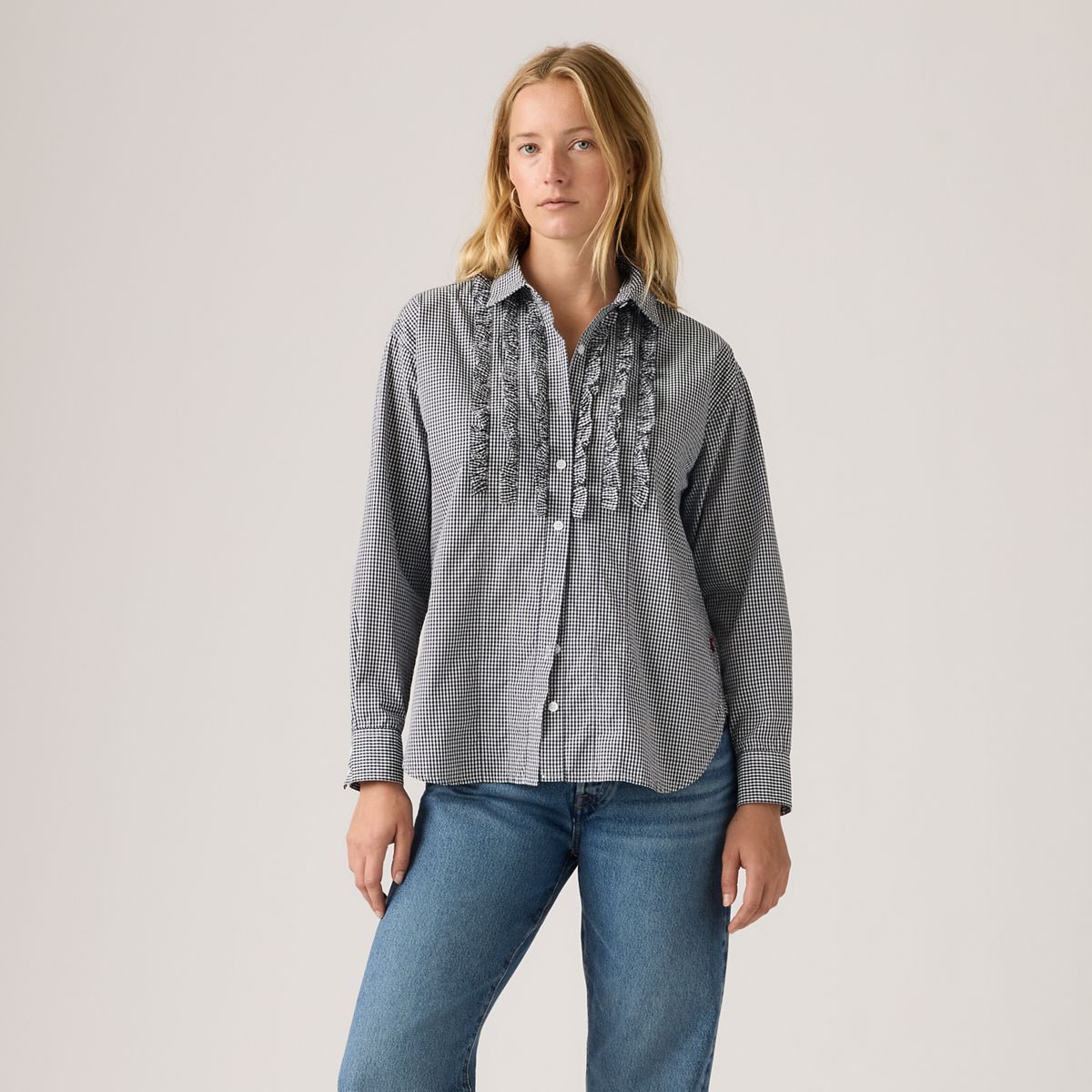 Harlie Novelty Ruffle Boyfriend Shirt — Ceicil Micro Check - Black