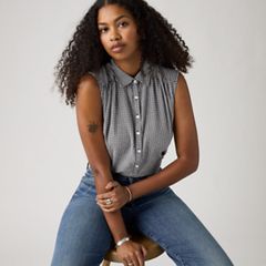 Londyn Short-Sleeve Popover Top — Patricia Check Anthr - Black 2