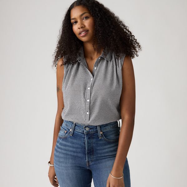 Londyn Short-Sleeve Popover Top — Patricia Check Anthr - Black