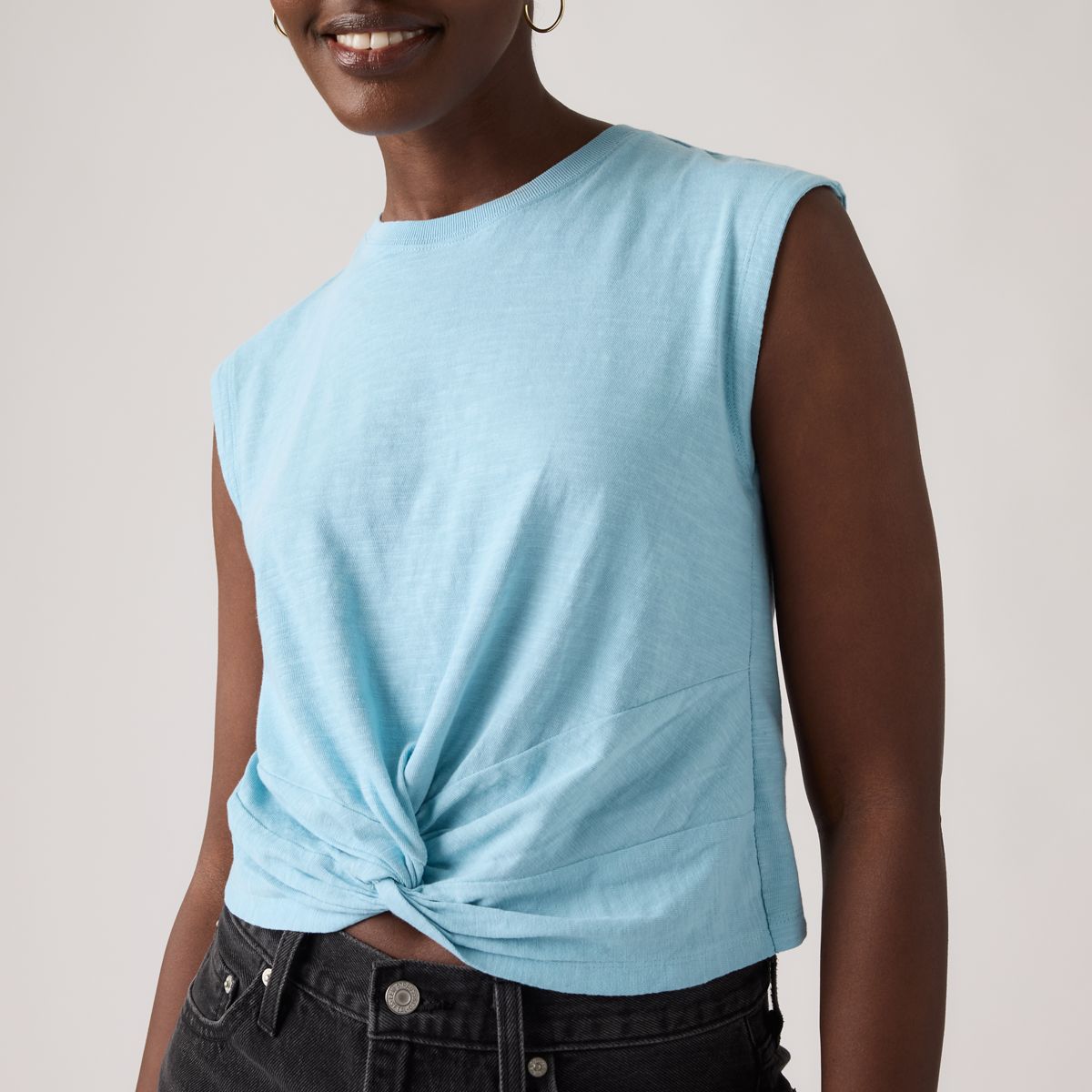 Jemma Knot Sleeveless Tee — Air Blue - Blue